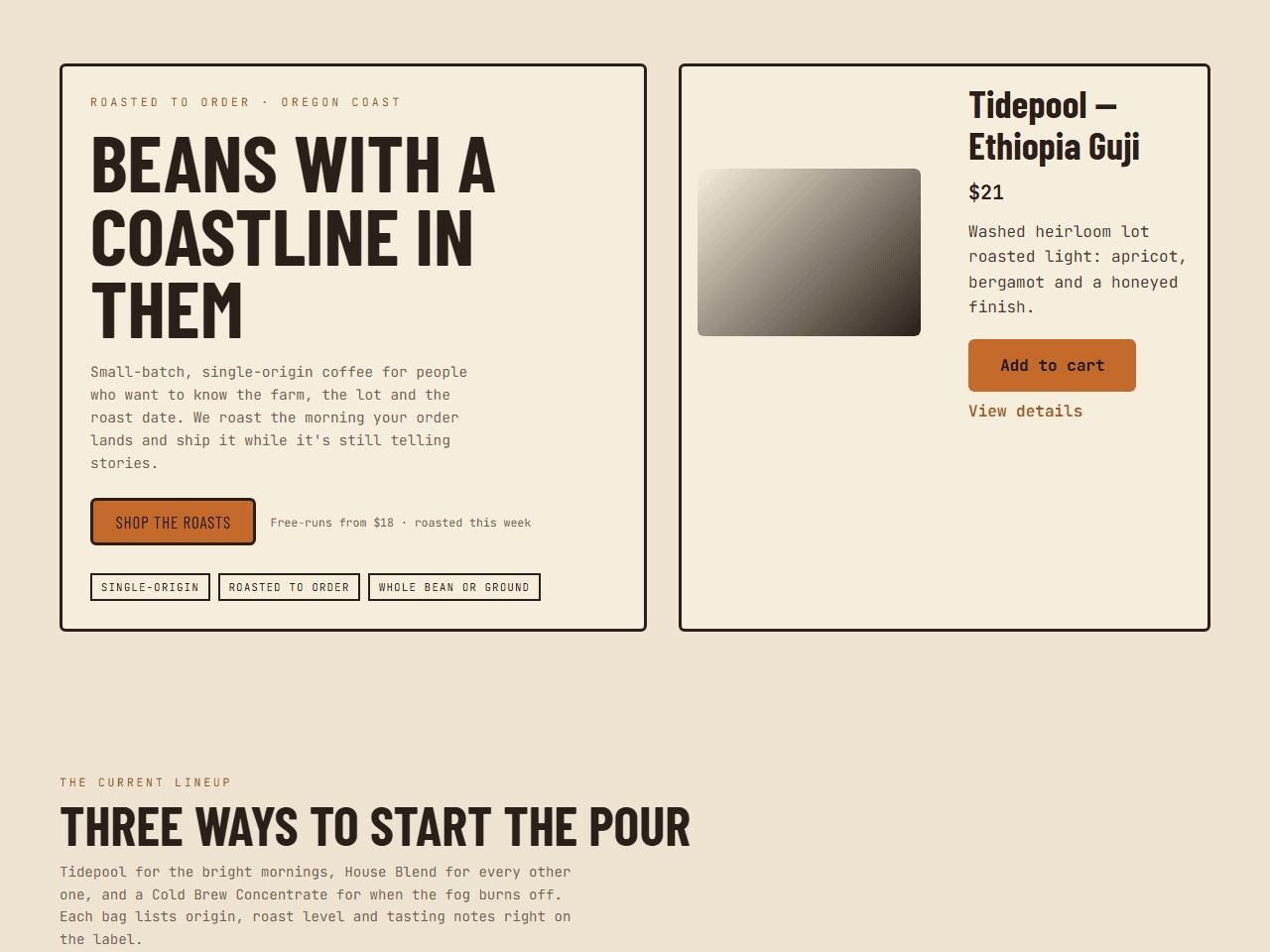 Homepage of the Driftline Coffee theme — Retro-70s coastal roastery ensemble: earthy mustard/burnt-sienna/driftwood-teal palette with a tinted oat canvas, tall Barlow Condensed heads over exact JetBrains Mono body (mono reads like a roaster's spec label — origin, roast, tasting notes), flat 3px-bordered square-badge kit echoing kraft coffe
