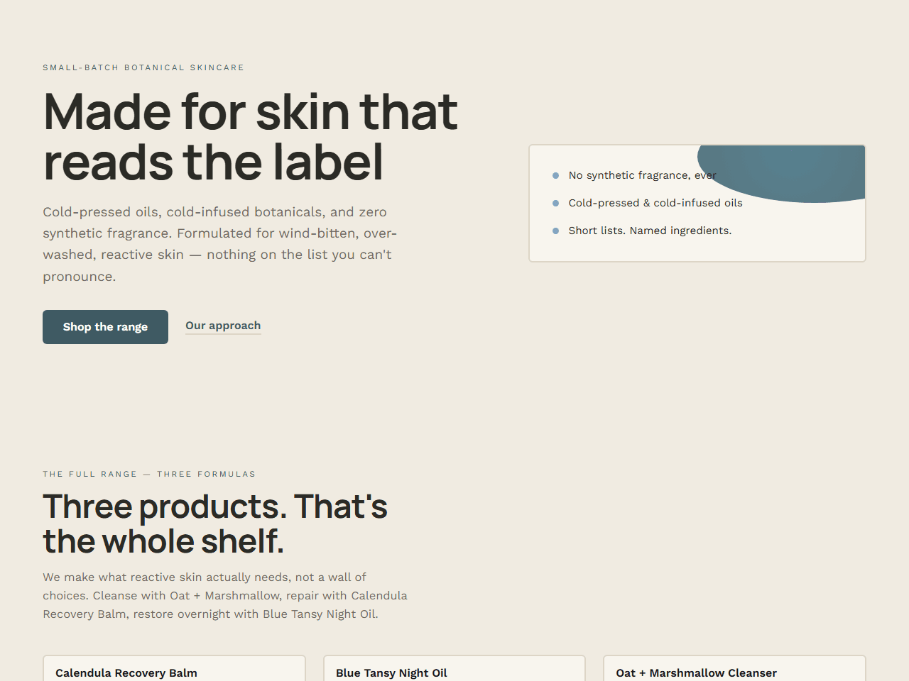 Homepage of the Fern & Flint theme — Japandi ensemble — warm bone/oak canvas, wabi-sabi asymmetry, clean Manrope headings over Work Sans body, azulene-blue accent pulled straight from the Blue Tansy oil; the calm, ingredient-honest palette reassures sensitive-skin label-readers paying a premium. Nudge substitutions: dark-canvas swapped