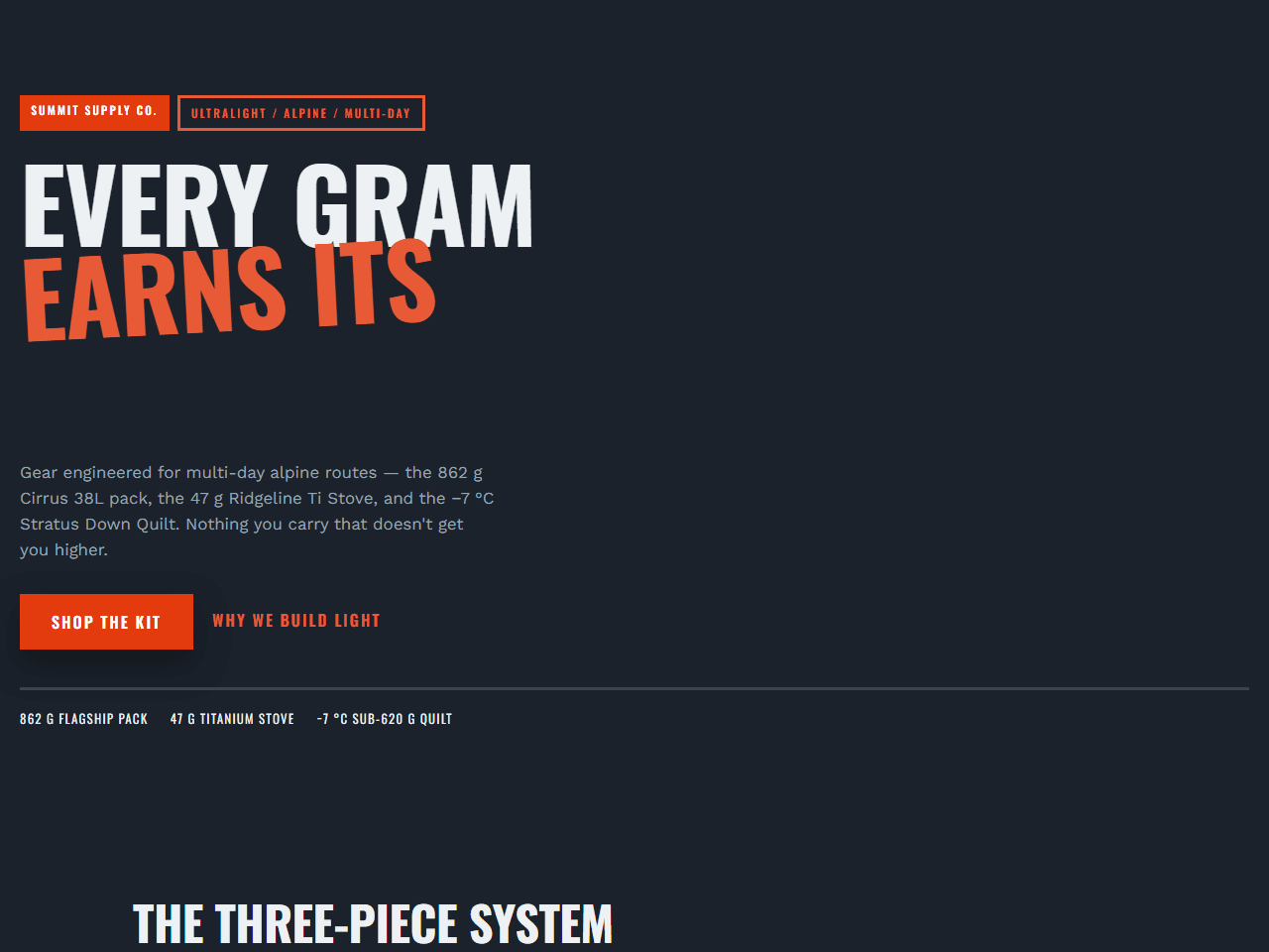 Homepage of the Summit Supply Co. theme — Constructivist alpine ensemble — heavy condensed Oswald caps set on diagonals over a cold glacier-slate canvas with an alarm-orange summit accent, expressing gram-counted precision and the bold, no-nonsense confidence of ultralight gear; single continuous product deep-dive replaces the rote about/te